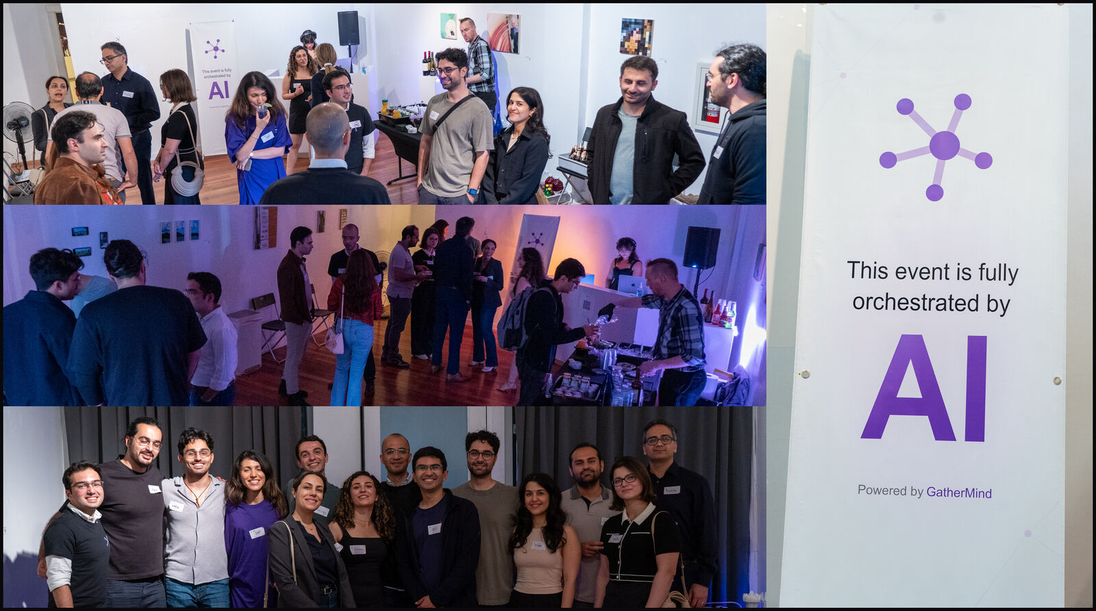 Collage of guests mingling at the GatherMind Summer Party, with banners reading 'This event is fully orchestrated by AI'